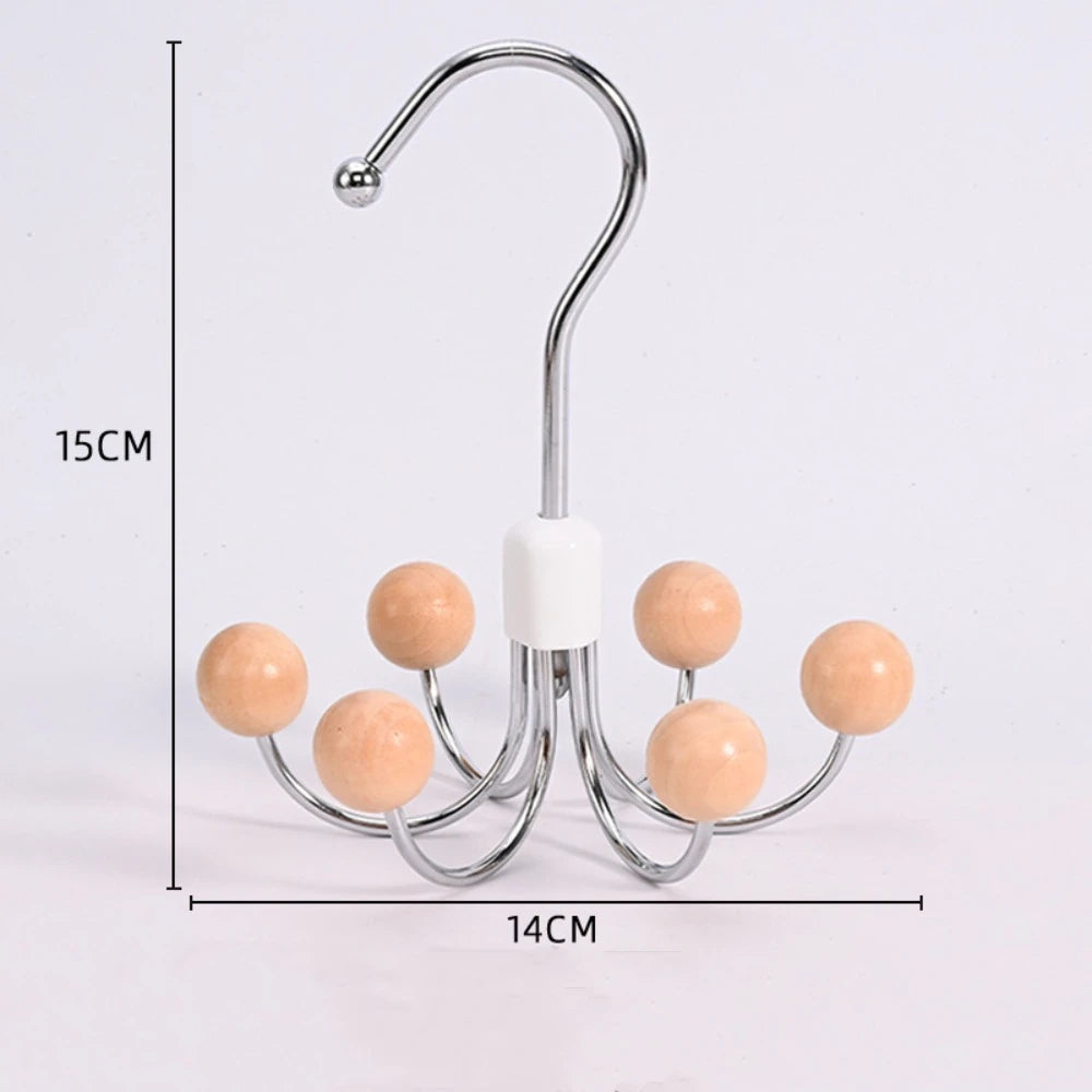 360° Rotating 6‑Claw Wooden‑Ball Clothing Organiser Hook — Space‑Saving Multipurpose Hanger for Scarves, Garments and Accessories
