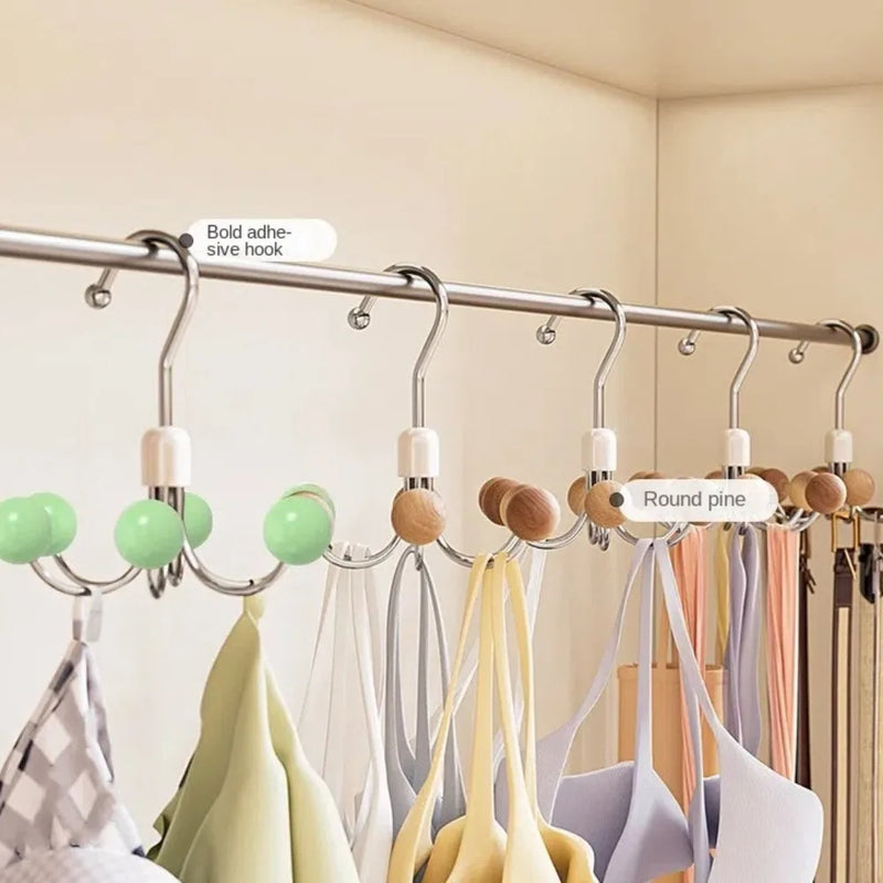 360° Rotating 6‑Claw Wooden‑Ball Clothing Organiser Hook — Space‑Saving Multipurpose Hanger for Scarves, Garments and Accessories