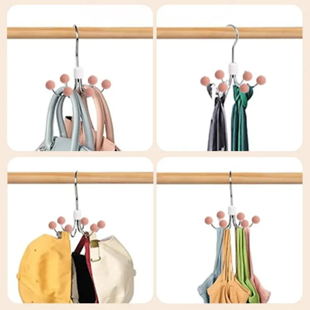 360° Rotating 6‑Claw Wooden‑Ball Clothing Organiser Hook — Space‑Saving Multipurpose Hanger for Scarves, Garments and Accessories
