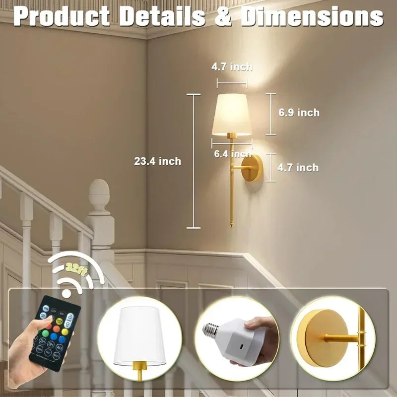 Vintage-Style Wall Lamp –  RGB Dimmable LED, Remote Control, No Wiring Needed