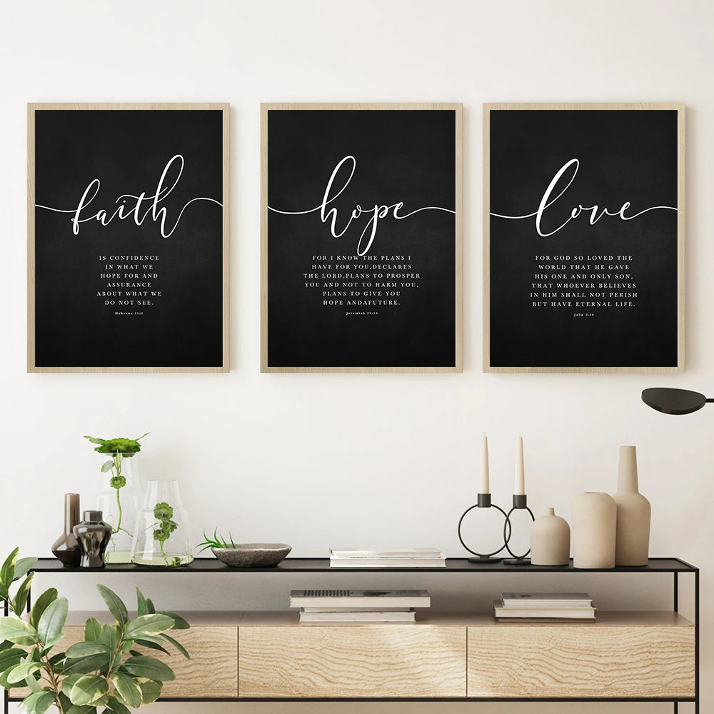 Scripture Canvas Prints — Faith, Hope, Love Wall Art for Modern Living Rooms
